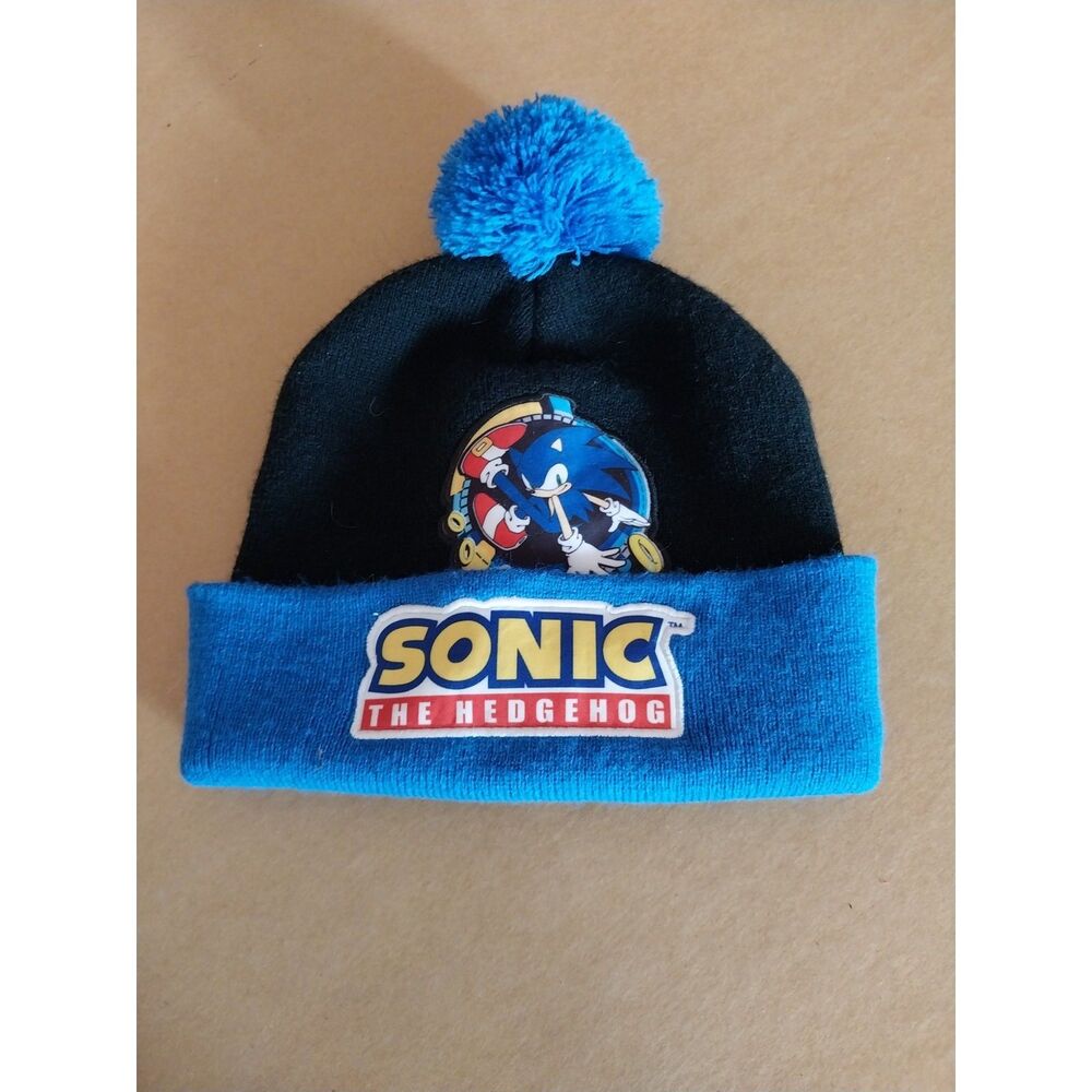 RARE SEGA Sonic the Hedgehog Knit Cuffed Beanie Pom Pom